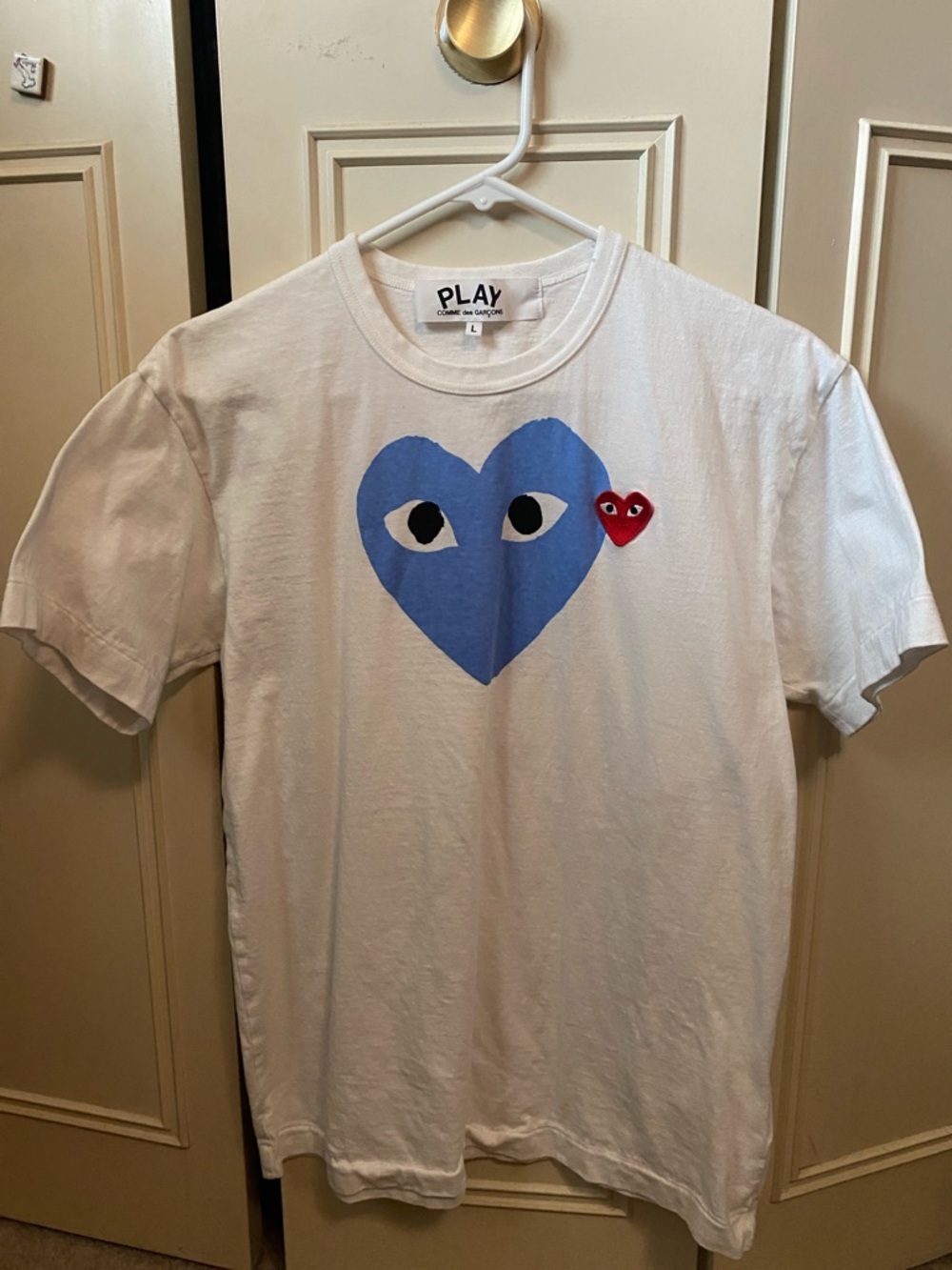 Comme des Garcons PLAY White Tee with Blue and Red Heart Motif